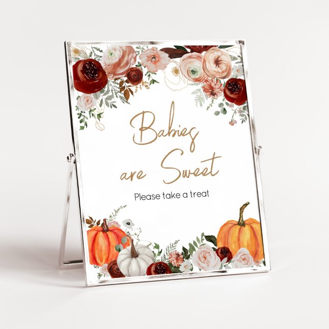 Poster Fall Marsala Burgundy Pumpkin Bebês são doces (Fall Floral Pumpkin Baby Shower Babies are Sweet Sign)