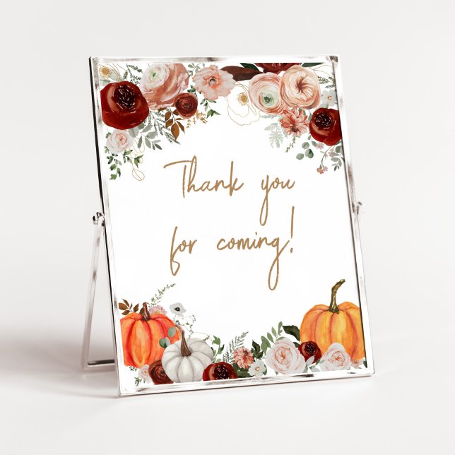 Poster Fall Marsala Burgundy Pumpkin Obrigado por vir (Fall Floral Pumpkin Baby Shower Thank you for Coming Sign)