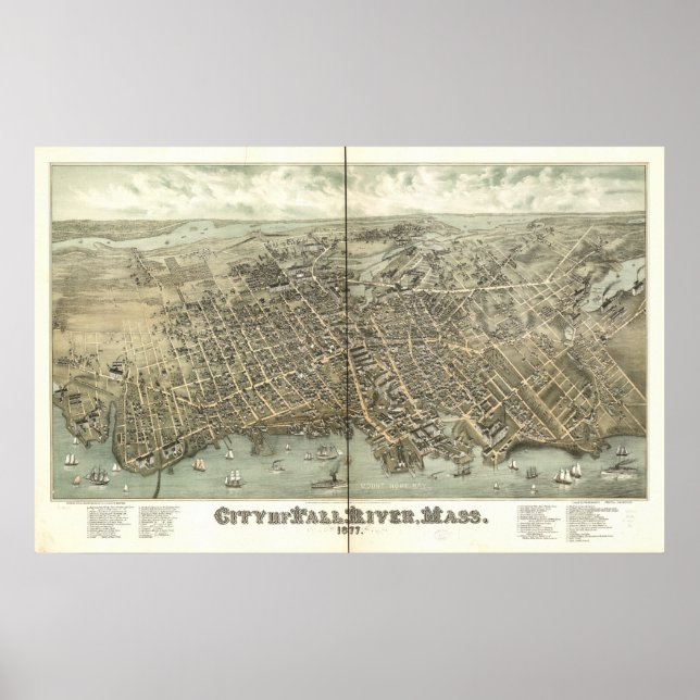 Póster Fall River Massachusetts 1877 Panorama Antiquado (Frente)
