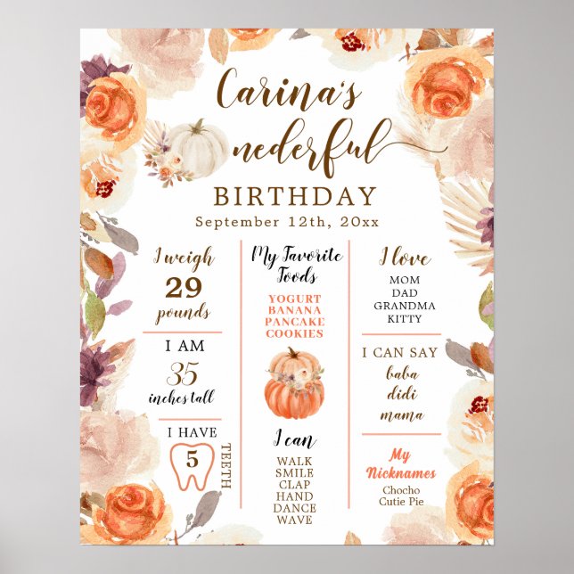 Poster Fall Rustic Pumpkin - Sinal de Primeiro Aniversári (Frente)