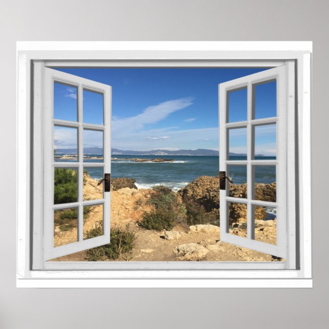 Poster Falsa Vista da Janela Rocha Praia Oceano  (Frente)