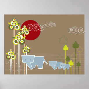 Póster Família bonito lunática do elefante em árvores 
