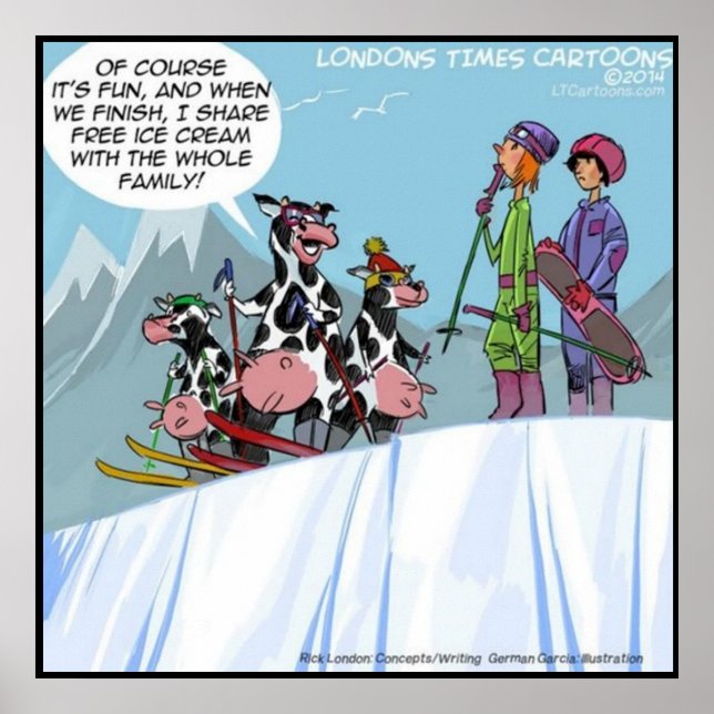 Póster Família Cow Snow Skiing Engraçada (Frente)