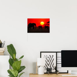 Poster Família de Elefantes ao Pôr do Sol