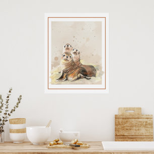 Poster Família de Focas em Aquarela Arte da Natureza Anim