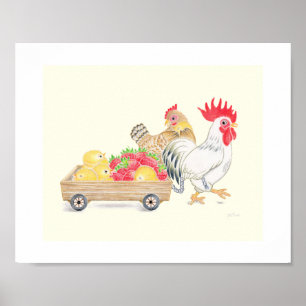 Poster Família de Frango Fofa Morangos Arte para Berçário