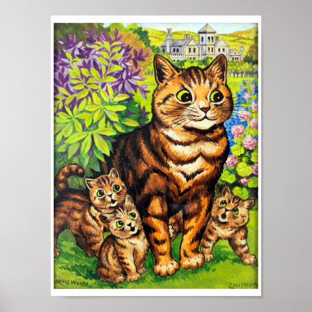 Poster Família de Gatos em Jardim, Louis Wain (Frente)
