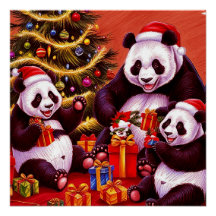 Família De Pandas Abrindo Presentes De Natal