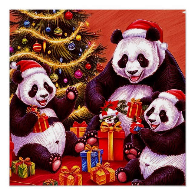 Póster Família De Pandas Abrindo Presentes De Natal (Frente)
