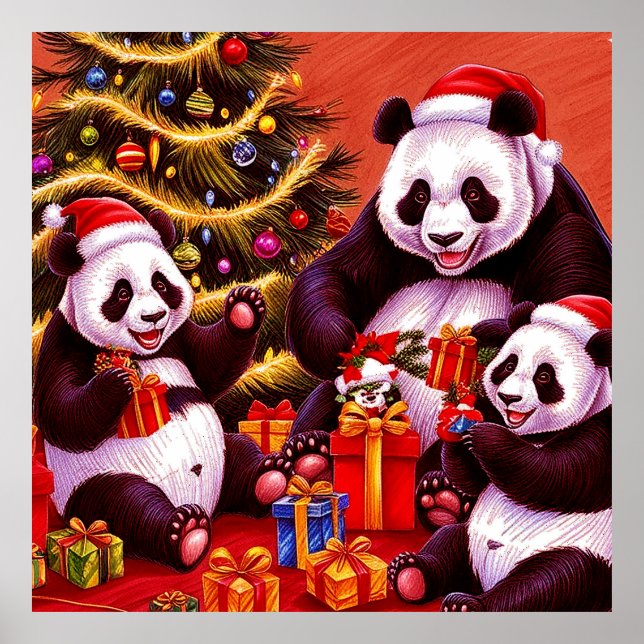 Poster Família De Pandas Abrindo Presentes De Natal (Frente)