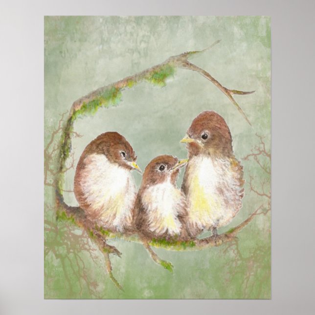 Póster Família de pássaros Sparrow Watercolor (Frente)
