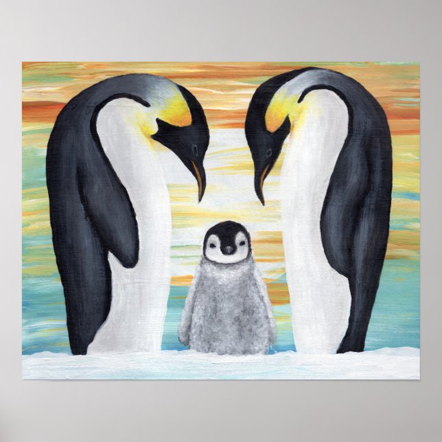 Póster Família de pinguins com pinguim bebê (Frente)
