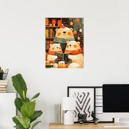 Poster Família de Ursos Polares Lendo Juntos no Natal
