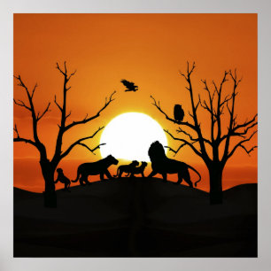 Póster Família do leão no por do sol África