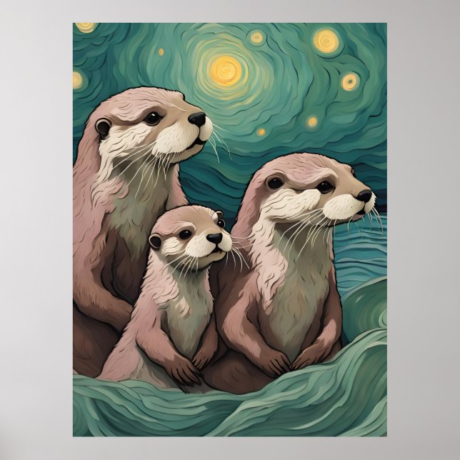 Poster Família Otter num Oceano Noturno Estrelado (Frente)