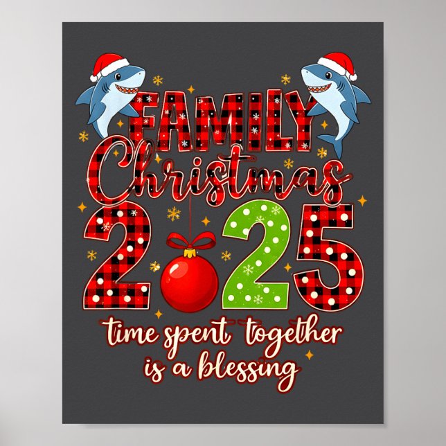 Poster Family Shark Christmas 2025 Santa Merry Time Spent (Frente)