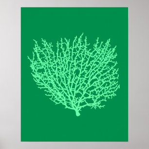 Póster Fan Coral Print, Pale Green on Deep Jade  Green