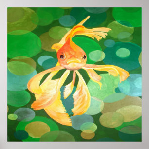 Poster Fantail Goldfish Com Vetor De Bolhas Verdes