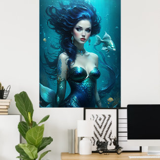 Poster Fantasia Bela Princesa Sereia Azul Subaquática