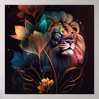 Poster Fantasia, belo leão com flores, arte AI