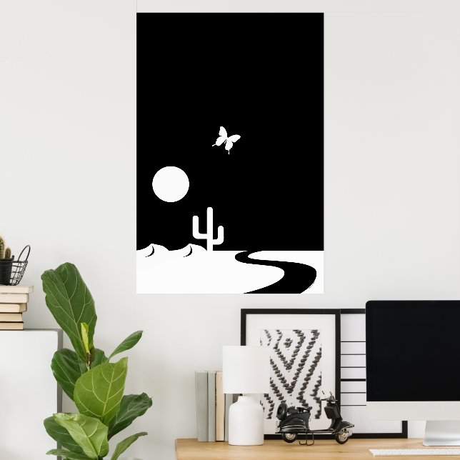 Poster Fantasia Borboleta Lua ao Luar no Deserto Preto e  (Escritório em casa)
