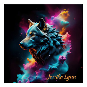 Póster Fantasia Cósmica Fantasia Wolf Personalizada Arte 