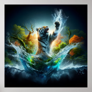 Poster Fantasia da Onda do Tigre Majestoso Vida Selvagem