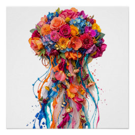 Póster Fantasia de Água-viva Floral Vibrante com Tonalida