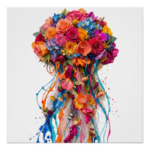 Póster Fantasia de Água-viva Floral Vibrante com Tonalida
