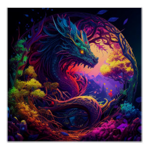 Póster Fantasia de Floresta Encantada com Dragão Místico