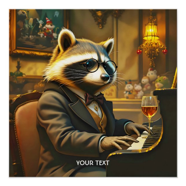Póster Fantasia de Guaxinim Fofo Tocando Piano (Frente)