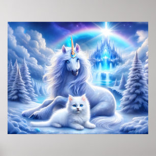 Poster Fantasia de inverno com um belo Unicórnio e Kitten