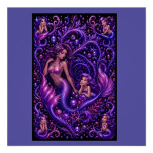 Póster Fantasia de Mermaid Roxa Duo Sonho Oceânico Arte