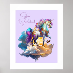 Poster Fantasia de Nuvens de Unicórnio Mágico Aniversário