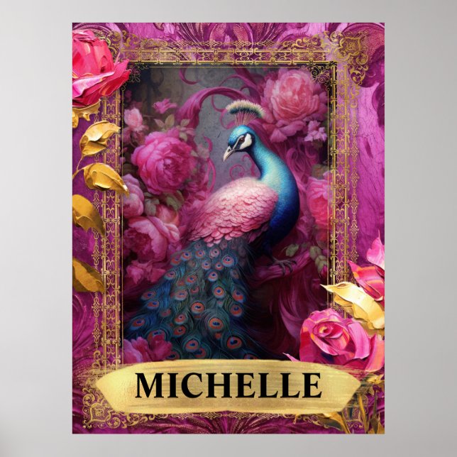 Poster Fantasia de Pavão Rosa e Rosas Românticas (Frente)