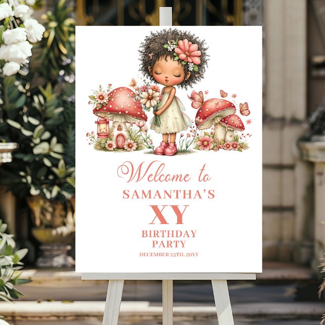Poster Fantasia Fada 6º Aniversário Flores Rosa Bem-vindo (Whimsy Fairy 6th Birthday Pink Flowers Welcome Sign)