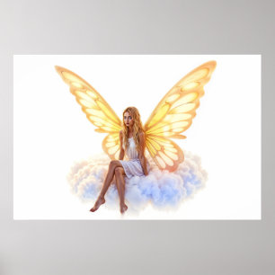 Poster Fantasia fada, loira, nuvem de loura, sentada em m