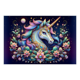 Póster Fantasia Floral de Unicórnio em Tons Preciosos