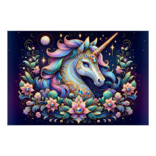 Póster Fantasia Floral de Unicórnio em Tons Preciosos