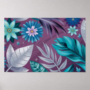 Poster Fantasia Floral Vibrante na Canvas Profunda Roxo