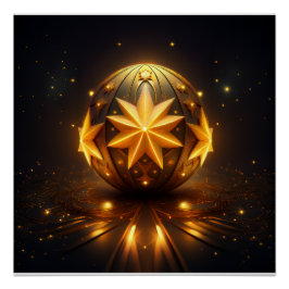 Póster Fantasia Fractal Esfera Bronze Estrelas Douradas