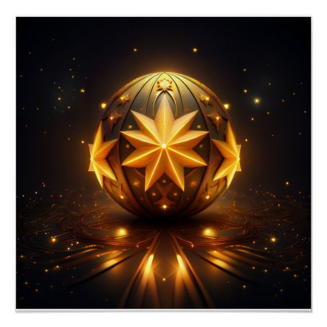 Póster Fantasia Fractal Esfera Bronze Estrelas Douradas (Frente)