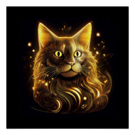 Póster Fantasia Gato Dourado Néon