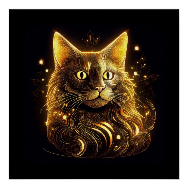 Póster Fantasia Gato Dourado Néon (Frente)