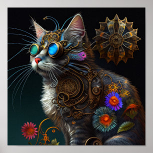 Poster Fantasia linda, gato-do-mato-grande e flores, arte