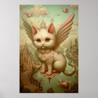 Poster fantasia mágica, paisagem, arte branca de gato