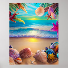 Poster Fantasia mística de pôr do sol de praia com flor t