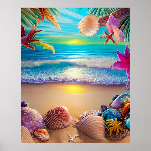 Poster Fantasia mística de pôr do sol de praia com flor t (Frente)