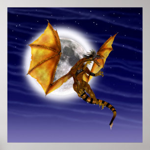 Póster Fantasia Mítica do Dragão ouro Cria Céu Roxo