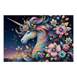 Póster Fantasia Noturna de Unicórnio Floral